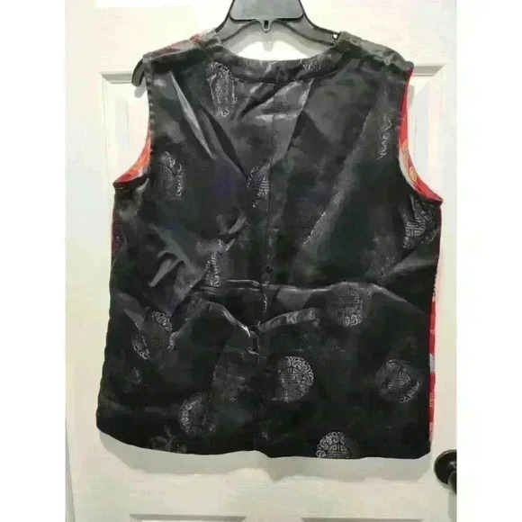 Chico's Design Asian Style Vest Bright Red All Over Print Button Front Size 3 - Picture 2 of 9